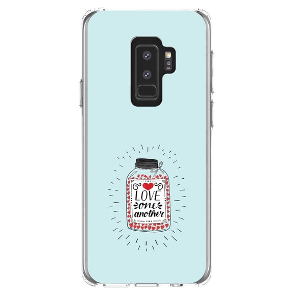 DistinctInk Clear Shockproof Hybrid Case for Samsung Galaxy S9  PLUS (6.2" Screen) - TPU Bumper, Acrylic Back, Tempered Glass Screen Protector - Love One Another - Heart / Jar