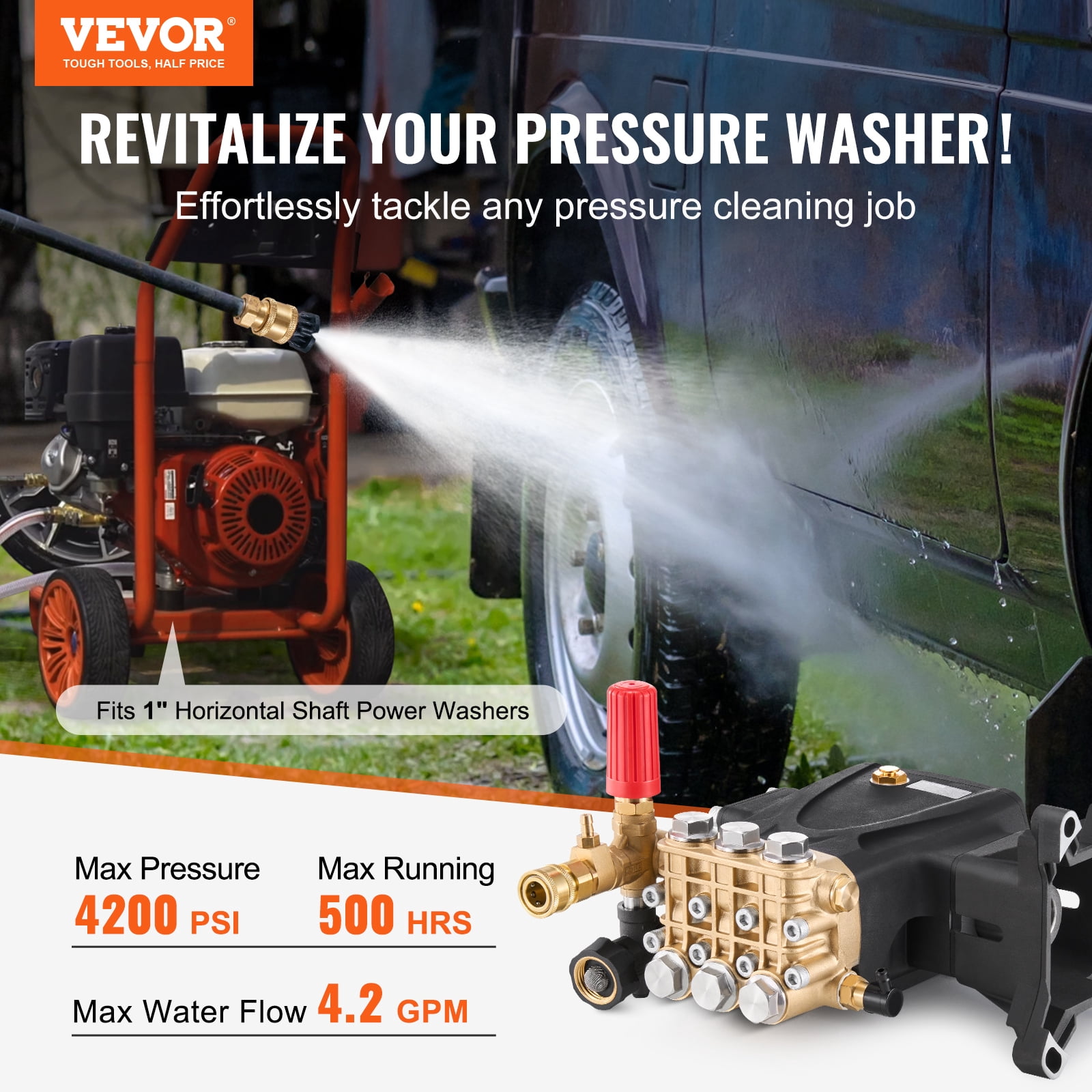 VEVOR Pressure Washer Pump, 1" Shaft Horizontal Triplex Plunger, 4200 PSI, 4.2GPM, Replacement Power Washer Pumps Kit with 5 Nozzles, Compatible with Simpson MorFlex 40224, 40225, 40226, Santoprene