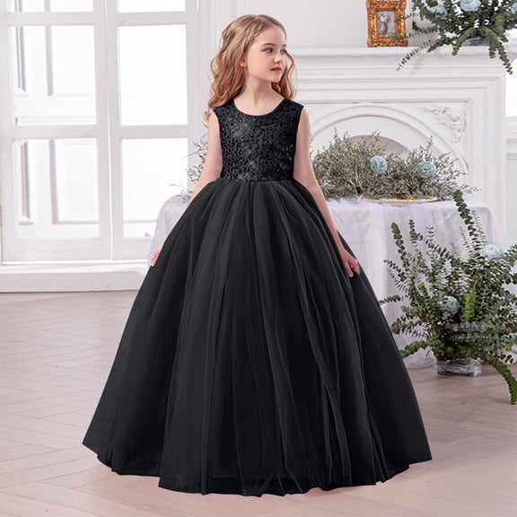 CIAKGIAF Big Girls Dresses Summer Mesh Fluffy Round Neck Casual Sleeveless Comfortable Princess Dress Black for 9-10Years