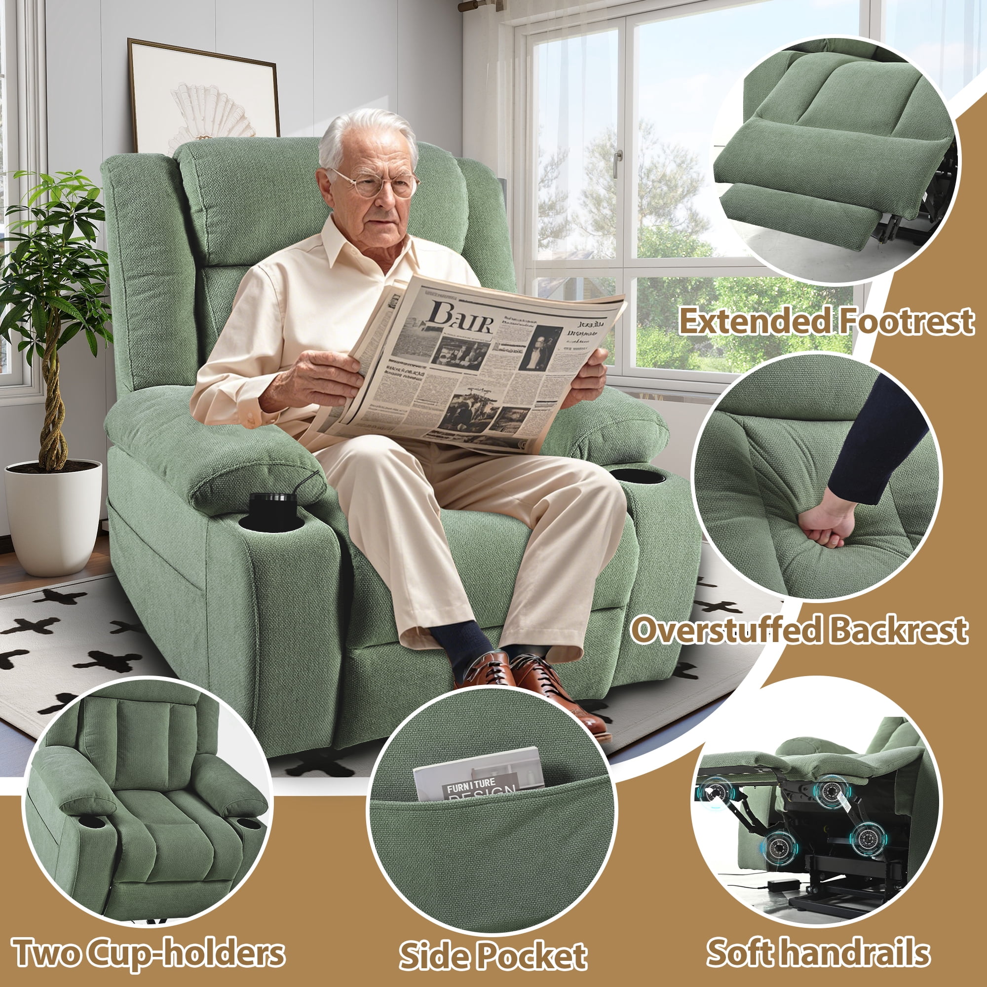 Electric Power Lift Recliner with 2 Cup Holders,Side Pockets,Remote Control