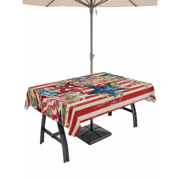 Outdoor Tablecloth with Umbrella Hole for Patio/Picnic/Party/Camping, 4th of July Waterproof Table Cloth Rectangle Table Cover Washable, Blue Stars Green Leaves Red Striped Independence (52"x 70")