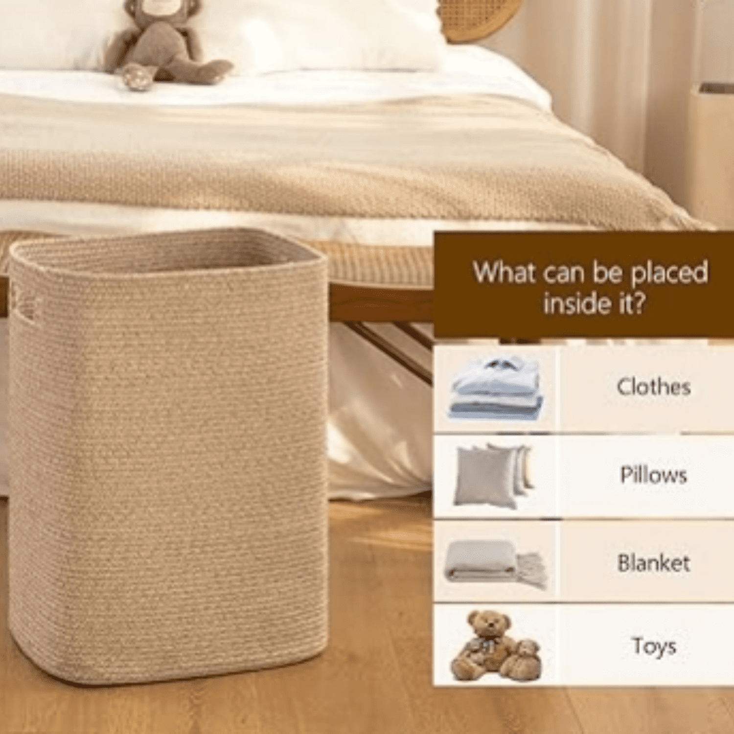 Laundry Hamper, Rectangle Cotton Laundry Basket with Handles, Large Blanket Basket for Living room, Woven Drative Storage for Toys,Clothes,Pillows-16x13x22in-Brown variegated