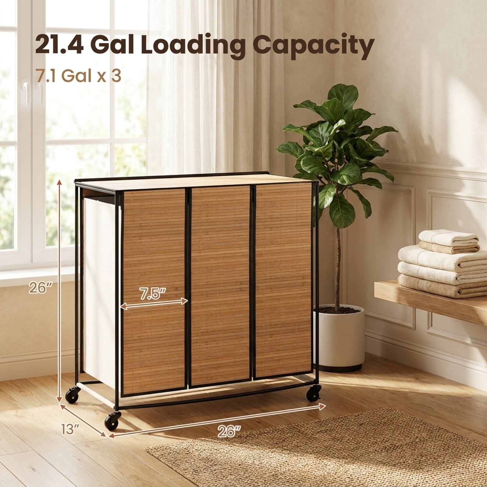 Vebreda Laundry Hamper with Lid, 21.4-Gallon 3-Section Laundry Sorter with 3 Removable Bags and 4 Wheels, Rolling Clothes Hamper, Natural