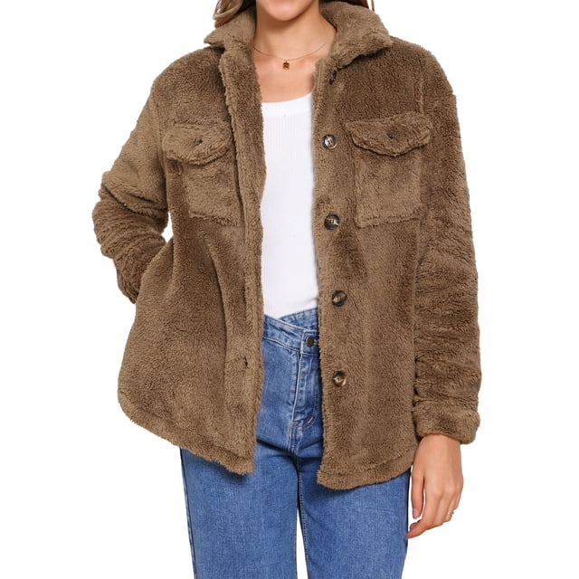 Abrigos de piel sintética INSPIRE CHIC para mujer, chaqueta de forro polar con solapa y botones, exterior XL marrón