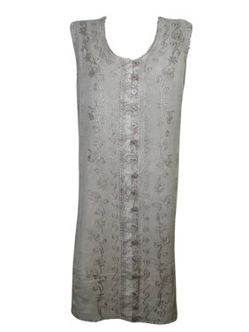 Mogul Womens Shift Dress Grey Embroidered Button Front Sleeveless Bohemian Tank Dresses