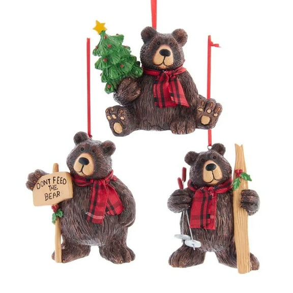 Kurt Adler 3.25-Inch Brown and Red Lodge Bear Christmas Ornaments, 3 Piece Set