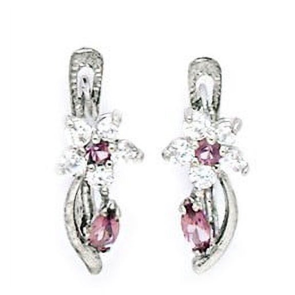 Sterling Silver Rhodium Plated June Lt-Purple CZ Flower Leverback Earrings - Measures 16x6mm