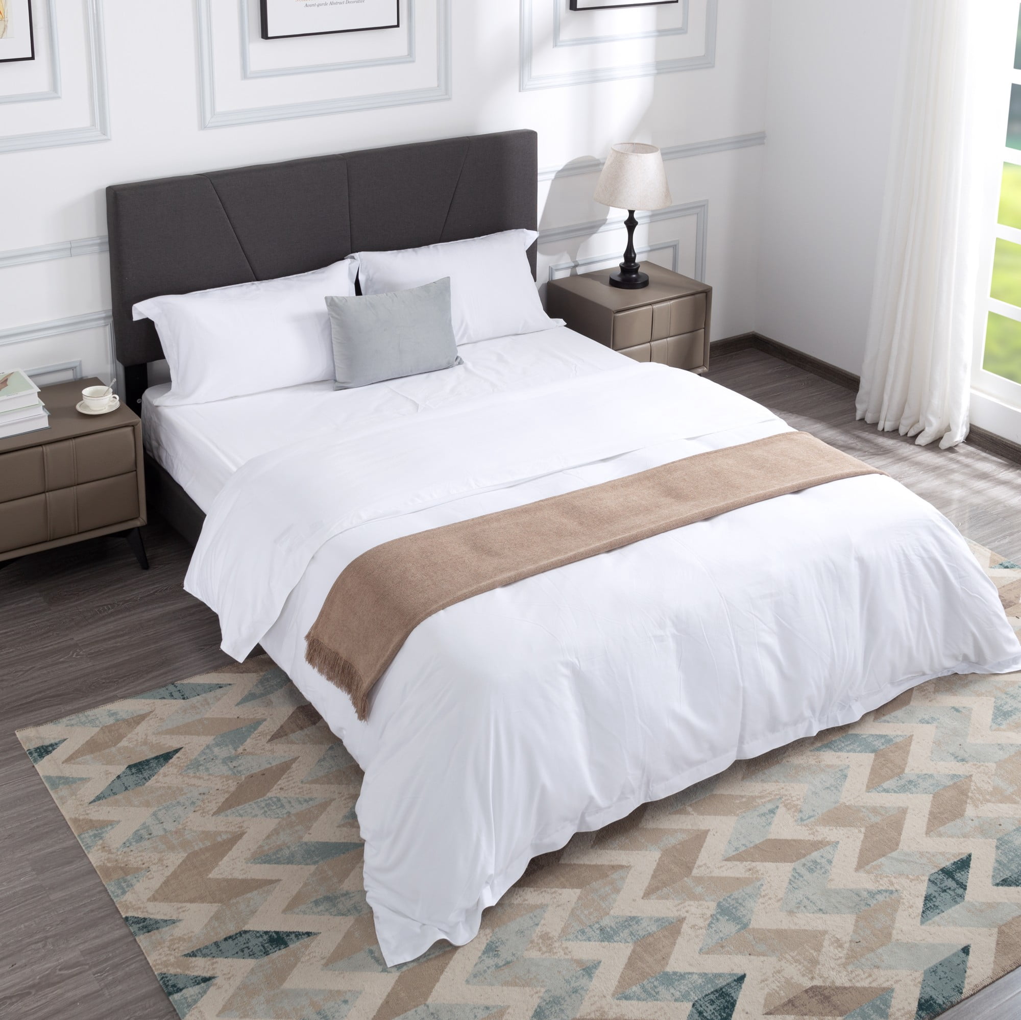 Gewnee Queen Size Platform Bed with Headboard,Fabric Upholstered Bed Frame,Strong Wood Slats Support,Easy Assembly,No Box Spring Needed（Dark Gray)
