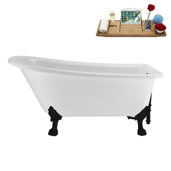58" Streamline N4860BL-BL Soaking Clawfoot Tub and Tray With External Drain in Matte Black and Matte Black Clawfeet