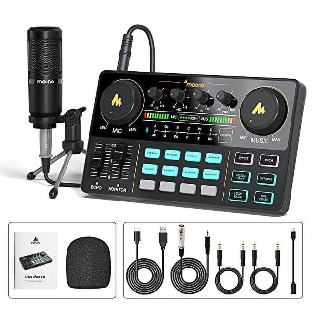 Podcast Equipment Bundle-MAONO Maonocaster Lite -Audio Interface-All in One-Podcast Production Studio with 35mm Microphone for Live Streaming, Podcast Recording, Pc, Smartphone (AU-AM200-S1