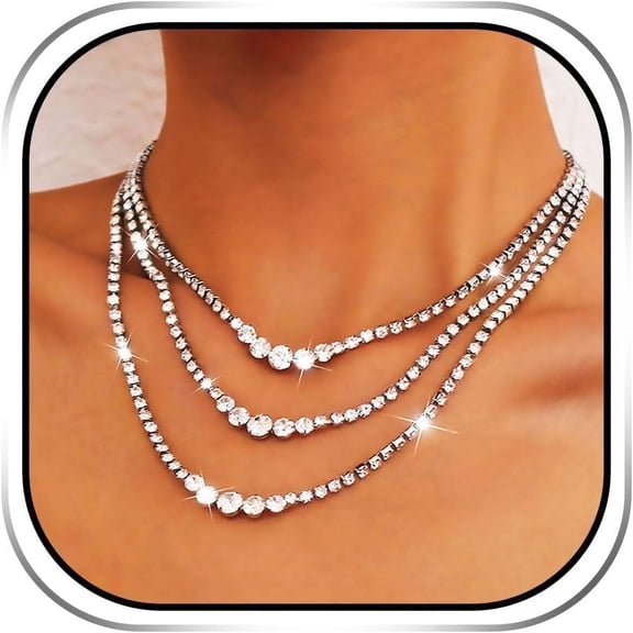 Layered Rhinestone Necklaces Silver Crystal Necklace Chains Sparkly Party Necklace Jewelry for Women