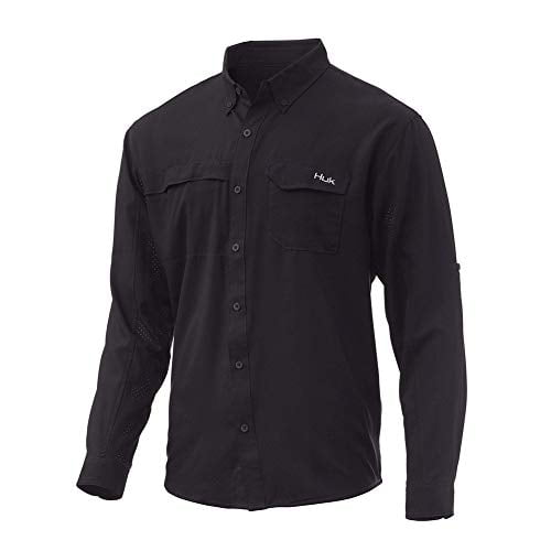 Button Down Performance Shirt with UPF 30 Sun Protection HUK Mens Tide Point Woven Solid Long Sleeve Shirt