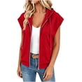 thumbnail image 5 of Women's Plus Size Cap Sleeve Hoodie Summer Loose Casual Zip Up Drawstring Tops with Pockets Red, 5 of 7