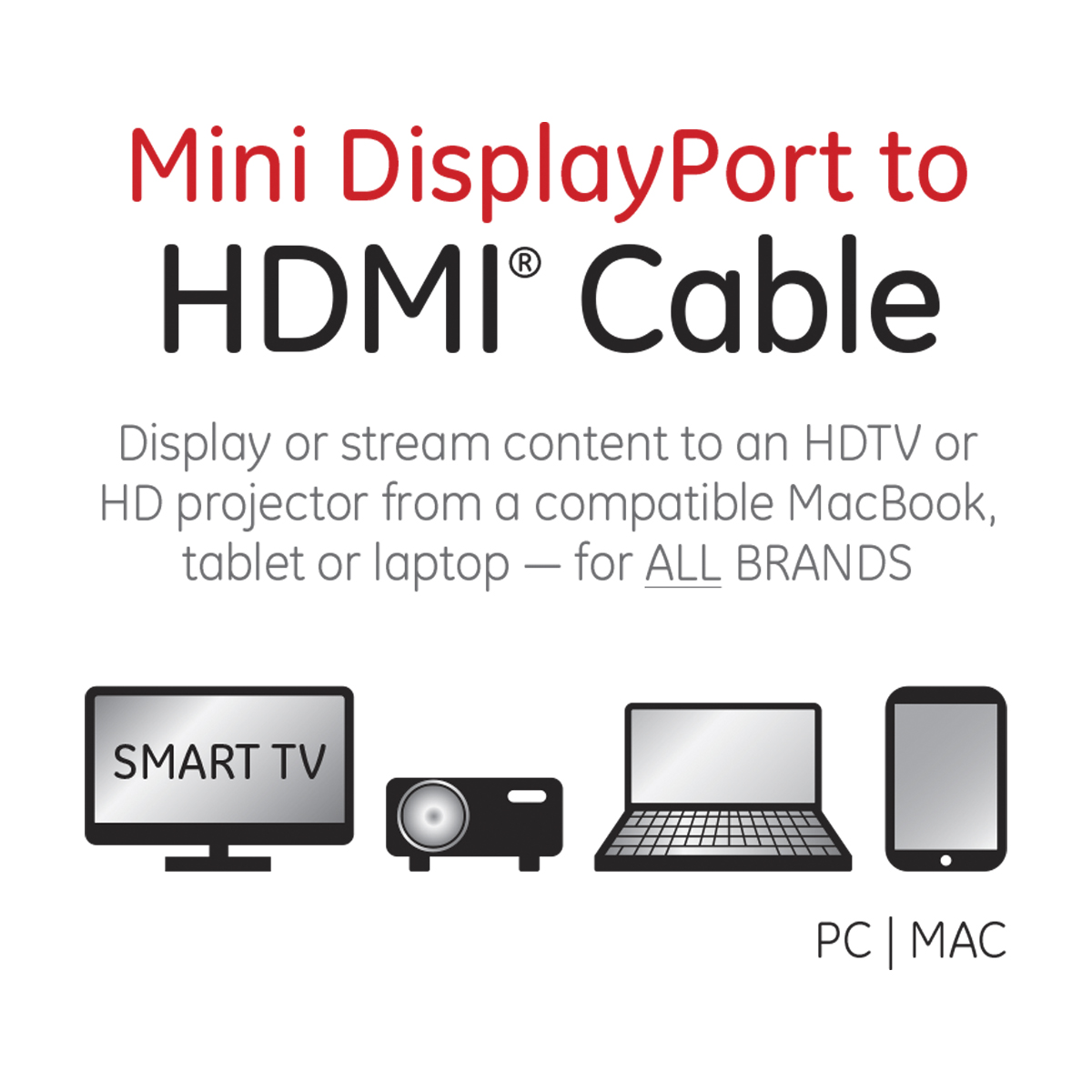 General Electric 6 ft Mini DisplayPort to HDMI Cable, White, 33771