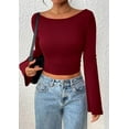 thumbnail image 5 of PRETTYGARDEN Women's Long Sleeve Shirts Fall Going Out Tops Casual Boat Neck Bell Sleeve Ribbed Ruched Knit Blouse, 5 of 9