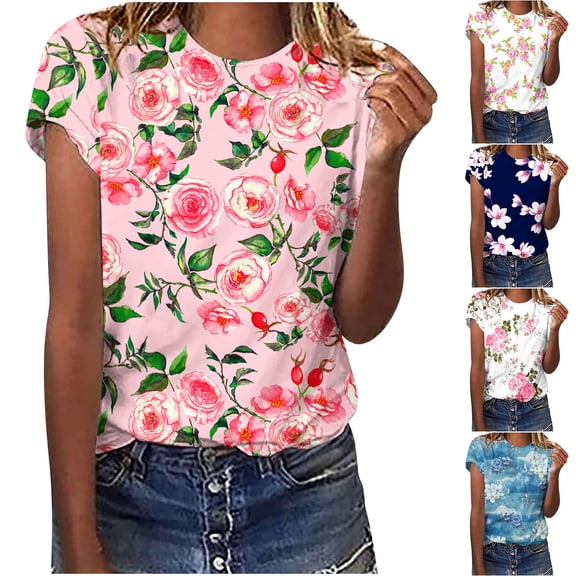 Fesfesfes Layering Shirts for Women's Summer Casual Crewneck Short Sleeve T-Shirts Floral Print Fit Basic Tops Tees Blouses 14(XXXL)