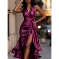 thumbnail image 3 of Womens Elegant Purple Satin High-Low Ruffle Evening Gown, 3 of 4