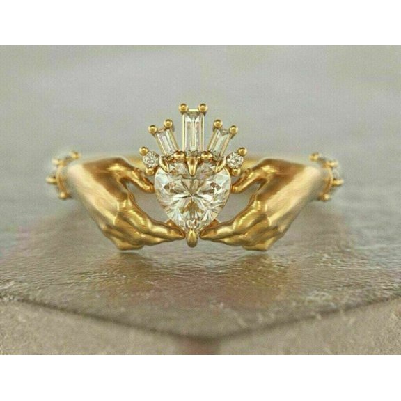 2Ct Heart Cut Lab Created Diamond Claddagh Wedding Ring 14K Yellow Gold Plated Silver