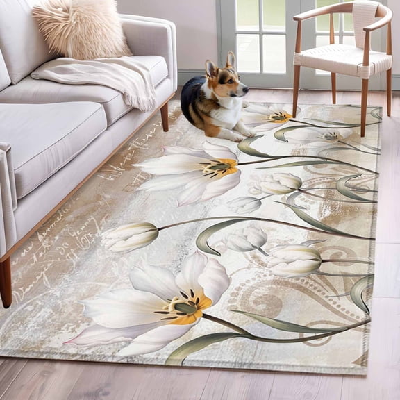 Area Rugs 2.7'x5', Vintages Flowers Carpet for Living Room Bedroom Dining Room, Country Farmhouse Retro Botanical Floral Throw Kitchen Rugs Non Slip Washable Rectangle Indoor Outdoor Rugs