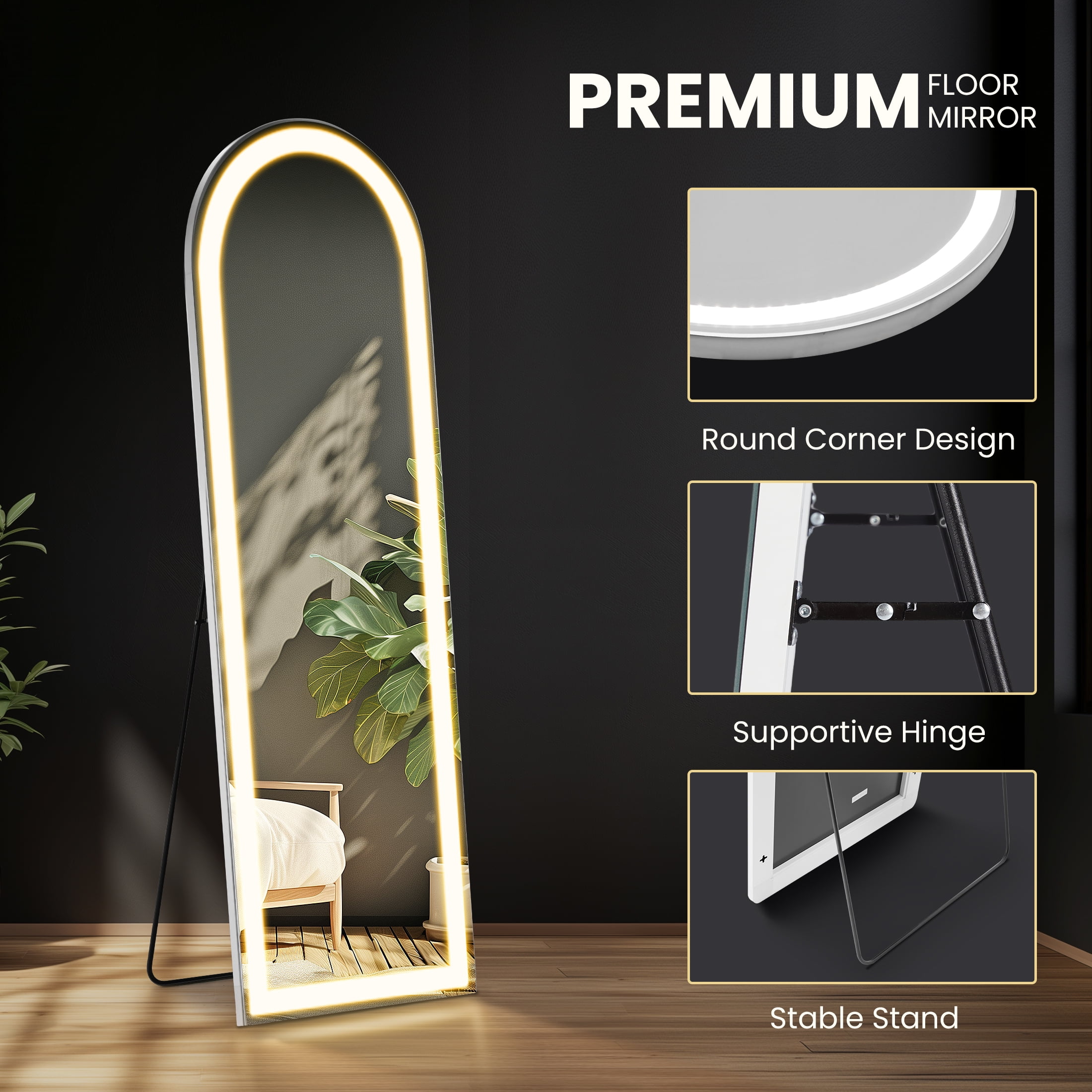 EDX LED 3 Color Lighting Full Body Mirror 60"x 16" Arched Floor Mirror with Lights Wall Mounted Free Standing Leaning for Home, White