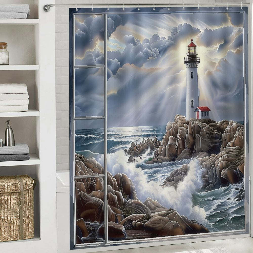 PRATYUS Lighthouse Waves Rocks Shower Curtain for Bathroom Decor Polyester Washable Shower Curtain with Hooks 69"x72