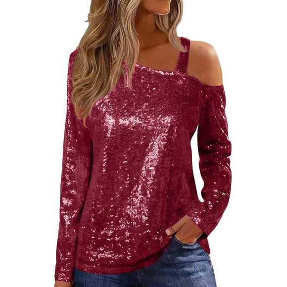 Ltctricy Sequin Tops for Women off One Shoulder Strap Long Sleeve Sparkly Glitter Shirts Shiny Party Clubwear Blouses(Wine,Small)