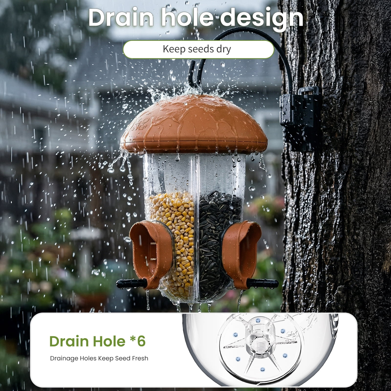 LONA Outdoor Bird Feeder, 3-Compartment & 3-Port Weather-Resistant Tube Feeder with Multiple Hanging Methods, Brown