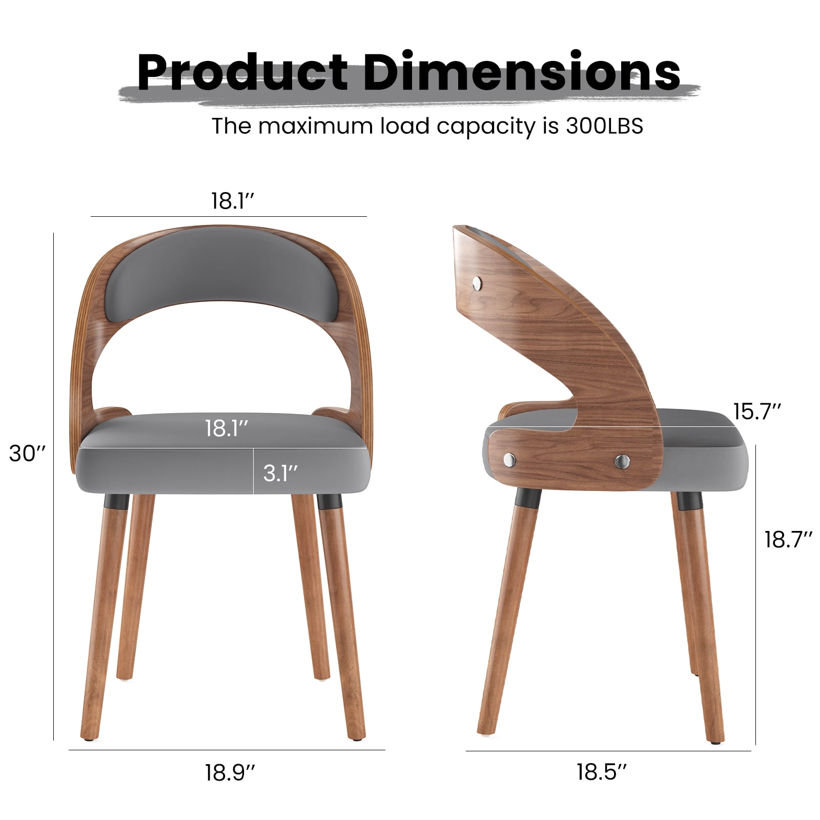 Farini Set of 2 Wood Dining Chairs with Curved Backrest for Kitchen Dining Room, Dark Gray