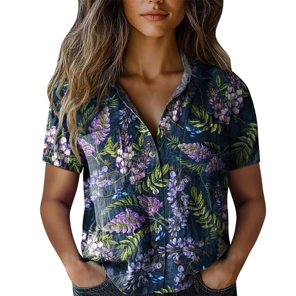 Shirts For Women Women Cotton Shirt Printed Fashion Down Shirts Casual Tops Short Sleeve Blouse Womens Tops
