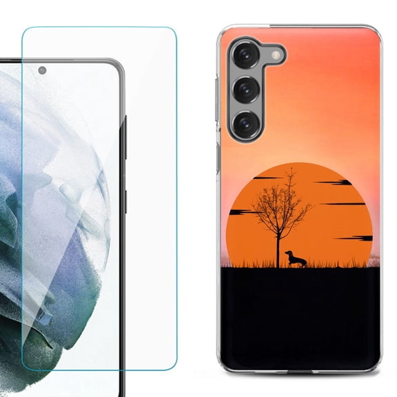 Shockproof Fashion Phone Case for Samsung Galaxy S23  / S23 Plus 5G, with Tempered Glass Screen Protector, by OneToughShield ® - Sunset Dachshund