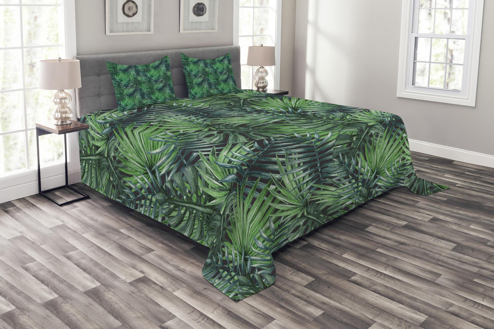 Leaf Bedspread Set Queen size, Watercolored Old Design Print of Palm Tropic Exotic Forest Leaves, Quilted 3 Piece Decor Coverlet Set with 2 Pillow
