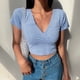 thumbnail image 3 of Camiseta de mujer de manga corta ajustada con escote en V cruzado y estampado floral retro estilo americano, 3 of 5