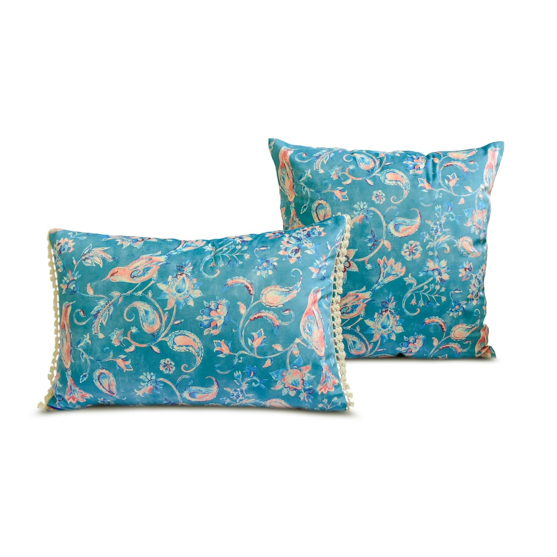 The HomeCentric Decorative Throw Pillow covers Blue 24"x24" (60x60 cm) Velvet Birds, Paisleys, Printed Velvet Pillow Case For Sofa Chouch, Hotels, living, Bed Room, Contemporary - Birdsong Embrace