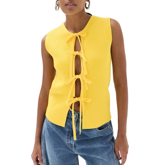 Gupgi Women Crochet Vest Solid Color Slim Fit Top Tie Front Knit Sleeveless Tank Top V Neck Button Down Crop Tops