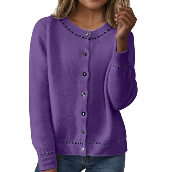 Cardigan Sweaters For Women Open Front Cozy Fall Cardigans Sweater Midweight Winter Warm Long Sleeved Round Neck Knitted Sweater Coat Purple