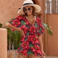 thumbnail image 5 of Red Poinsettias on Green Background Beach Cover Ups Women V Neck Short Sleeve Dress Coverups Beachwear, 5 of 6