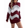 thumbnail image 2 of Women Sweater Dress Color Block Casual Fall Long Sleeve Knit Crewneck Short Dresses Wine Red M, 2 of 9