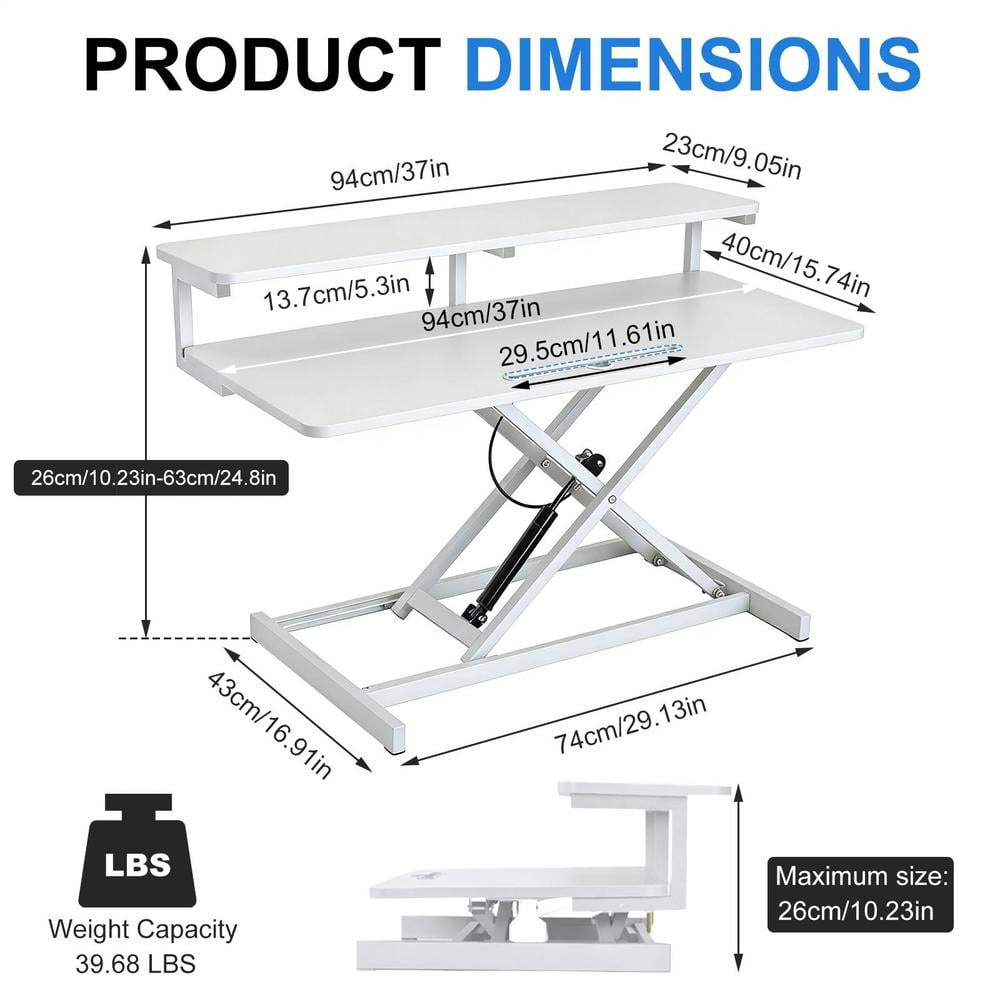 Stable Standing Desk Converter 37" , Height Adjustable Sit Stand Up Desk Riser with Wide Keyboard Tray for Home Office 2 Monitor Laptop Workstation, White