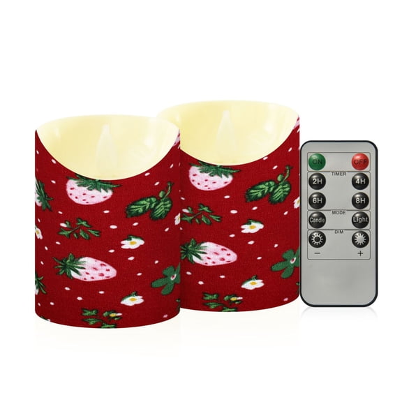 2 PCS Tilted Flameless Candles Flickering LED Lights Battery Operated Candles with Remote Timers for Holiday Decor Cute Pink Strawberry Pattern