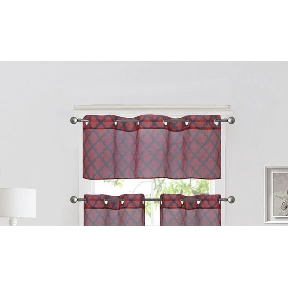 DRESSING YOUR WINDOW 1PC VALANCE S38 GEOMETRIC TRELLIS MOROCCO RED/BLACK SHEER SEE THRU GROMMEST TOP CURTAIN TALOIRED KITCHEN ,NURSERY,BATHROOM, WEDDING SIZE 52" WIDE X 18" LENGTH