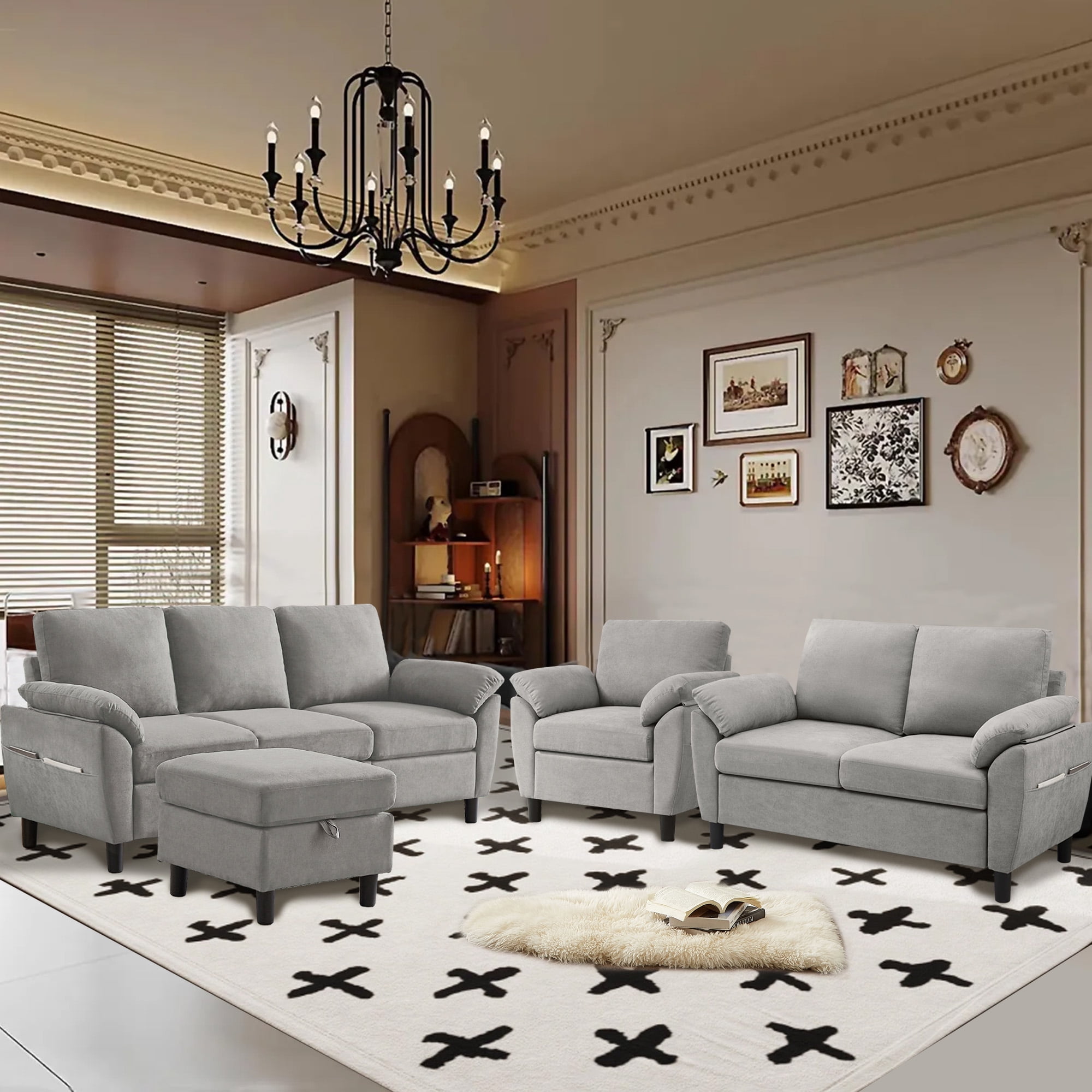 Jarenie Chireca 4 Piece Convertible Sectional Sofa Set, Modern Linen Small L Shaped Couch with Reversible Chaise, 3-Seater Sofa & Loveseat & Armchair for Living Room, Office, Apartment, Lightgrey