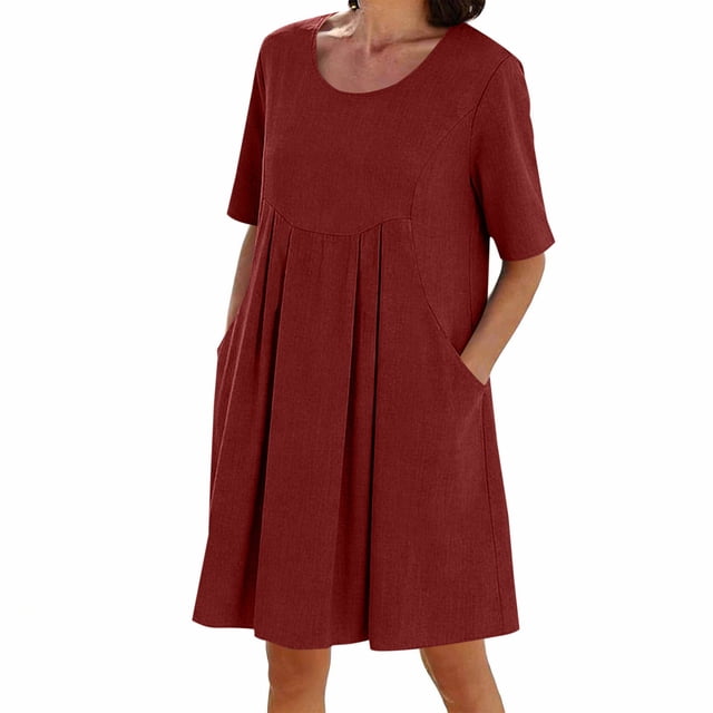 Dazajoo Robe Midi à Manches Courtes pour Femmes, Décontractée, Col Rond, Robe d'Été en Lin avec Poches, Unie, Détente, Bordeaux, S