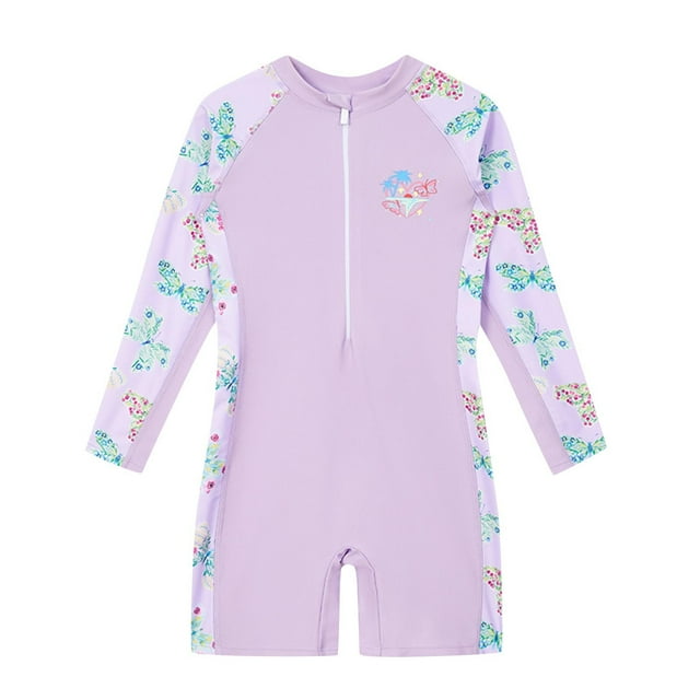 Yanlir Maillot de Bain à Demi-Glissière à Manches Longues Imprimé Mignon pour Filles avec Protection Solaire, Doux et Confortable, Col Rond, Tenue de Bain pour Toute la Journée 2-12 Ans (Violet, 9 Ans)