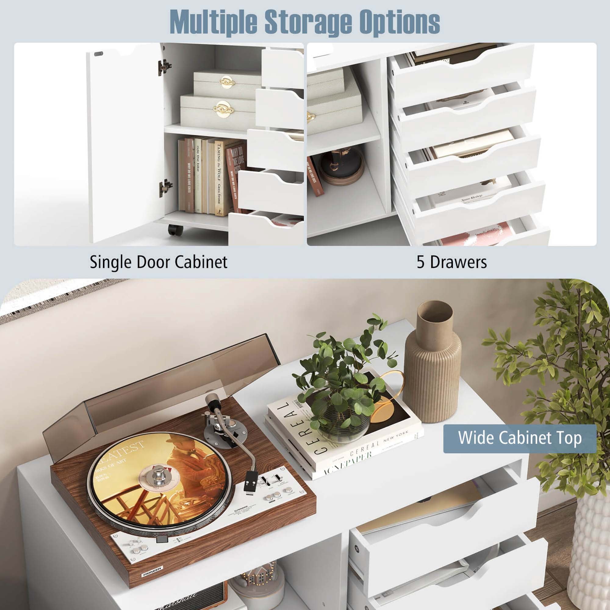 Costway 5-Drawer Chest Rolling Storage Dresser Lateral File Cabinet with Adjustable Shelf