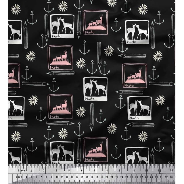 Soimoi Moss Georgette Fabric Pencil,Anchor Hook & Deer Animal Printed Fabric 1 Yard 42 Inch Wide