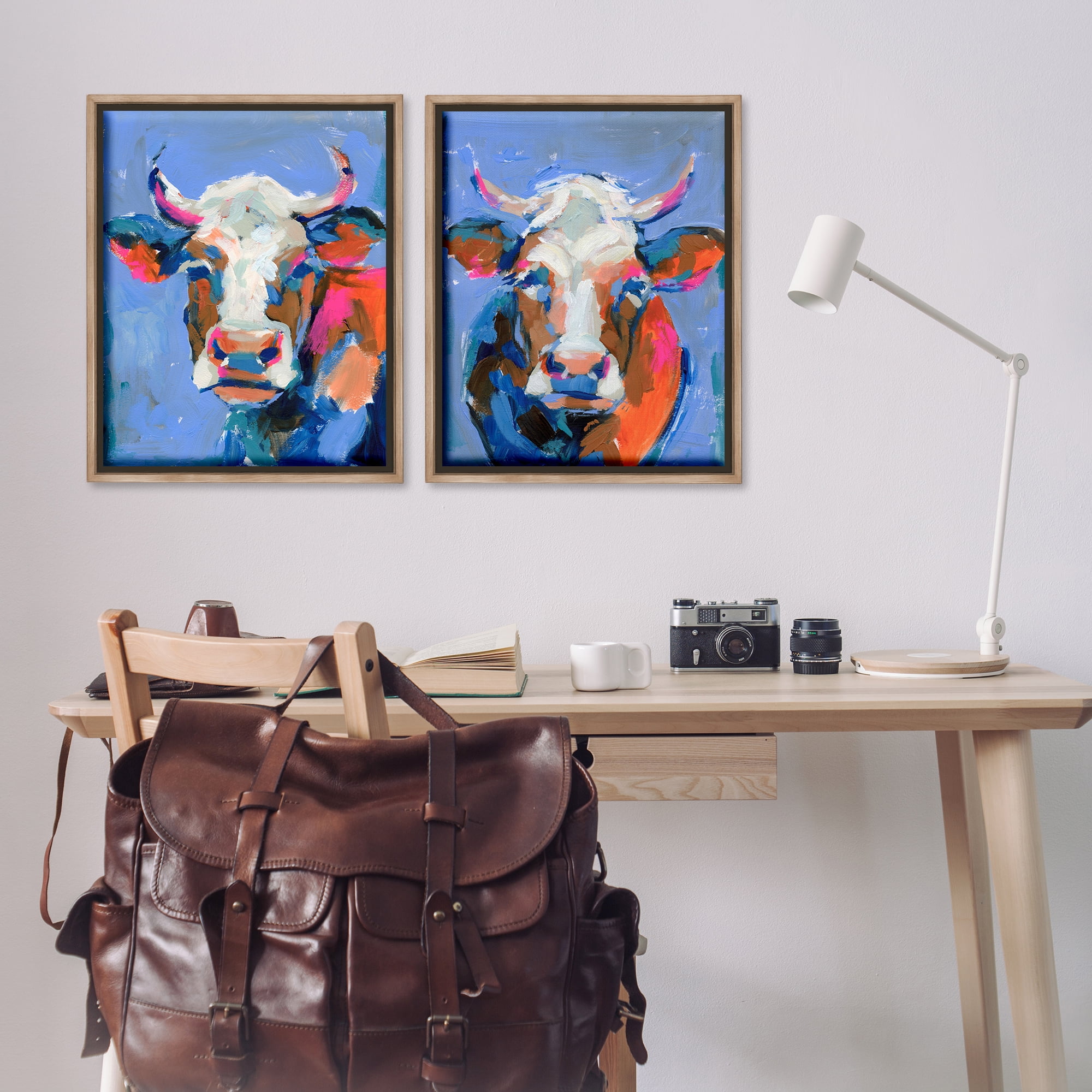 Stupell Industries Guernsey Cow Horned Portrait Animals Painting Brown Floater Framed Canvas Art Print Wall Art, 31 x 25, Set of 2