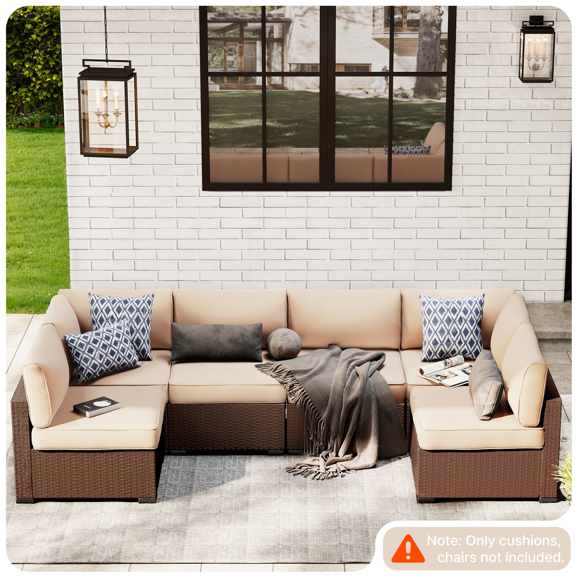 SUNCOZE 14-Piece Outdoor Patio Cushions Set for 6-Seat Sectional Sofa, 25.6" x 25.6" Replacement Couch Cushions, 4-Inch Thick Anti-Slip Garden Furniture Cushions, Khaki