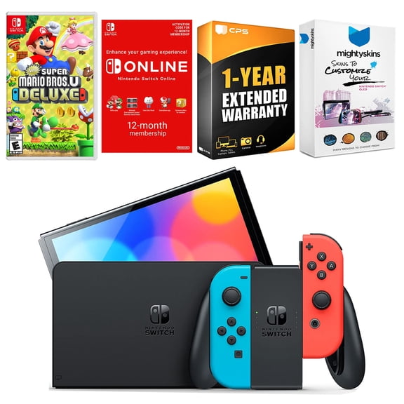 Nintendo Switch Neon Red & Blue OLED Console with New Super Mario Bros. U Deluxe, NSO 12 Month Family Membership, MightySkins Console and Controller Skin Voucher, and 1 Year CPS Extended Warranty