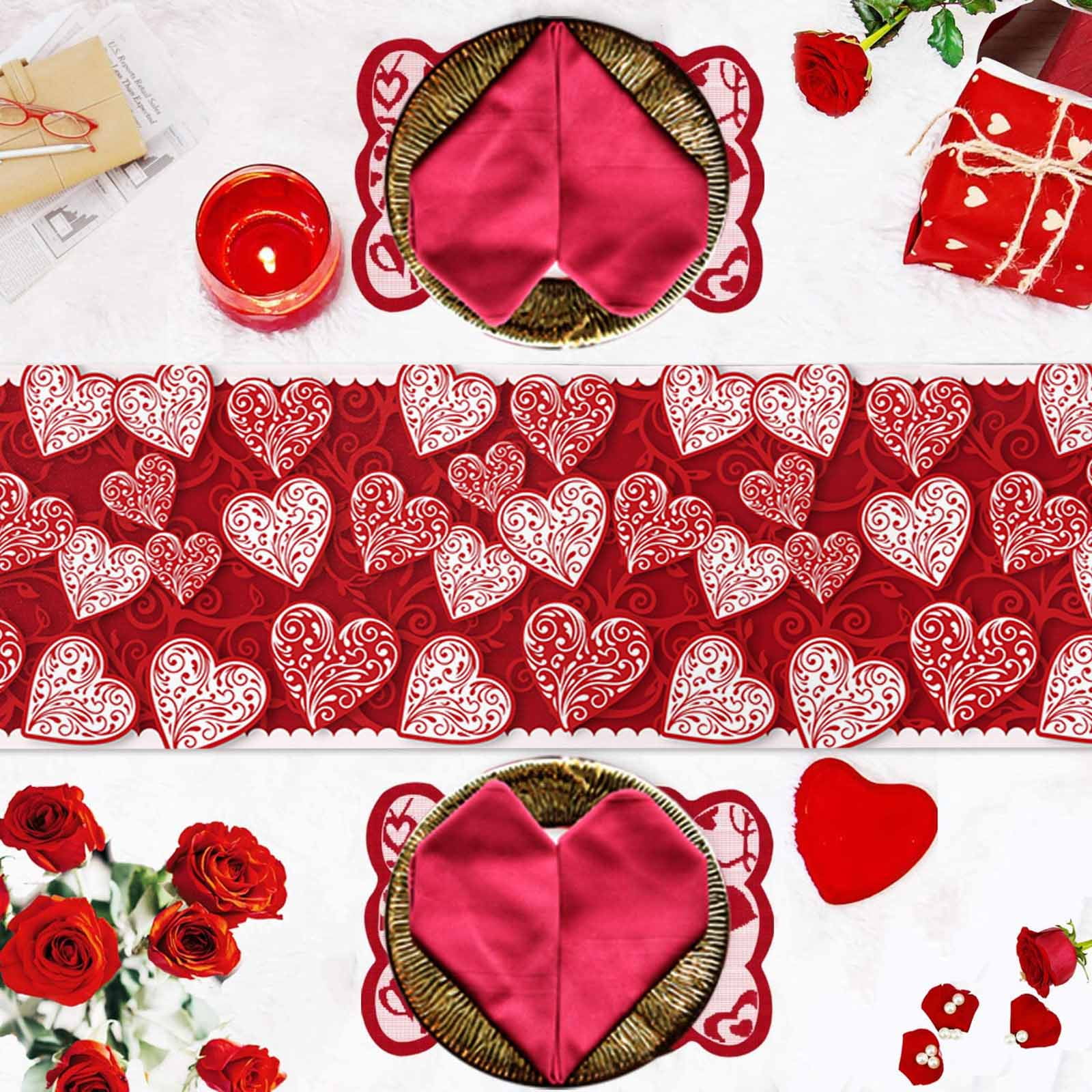 Valentine's Day Table Runner, Abstract Romantic Red White Floral Love Heart Red Washable Cotton-linen Table Runners Dining Kitchen Decoration for Everyday Home Wedding Party Decor, 13 x 120 Inch