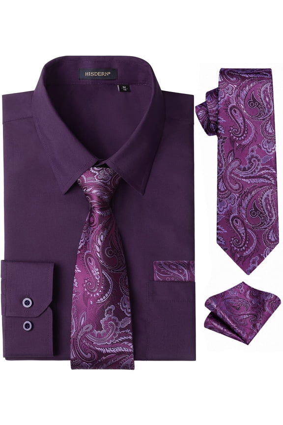 Mens Solid Dress Shirt Long Sleeve with Matching Tie & Handkerchief Set Button Down Shirts